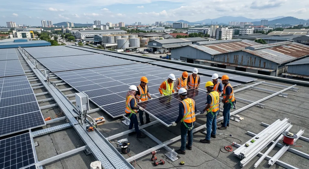 Crew installing solar panels on a commercial building roof