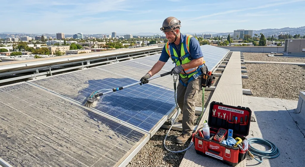 Technician cleaning solar panels on a flat roof