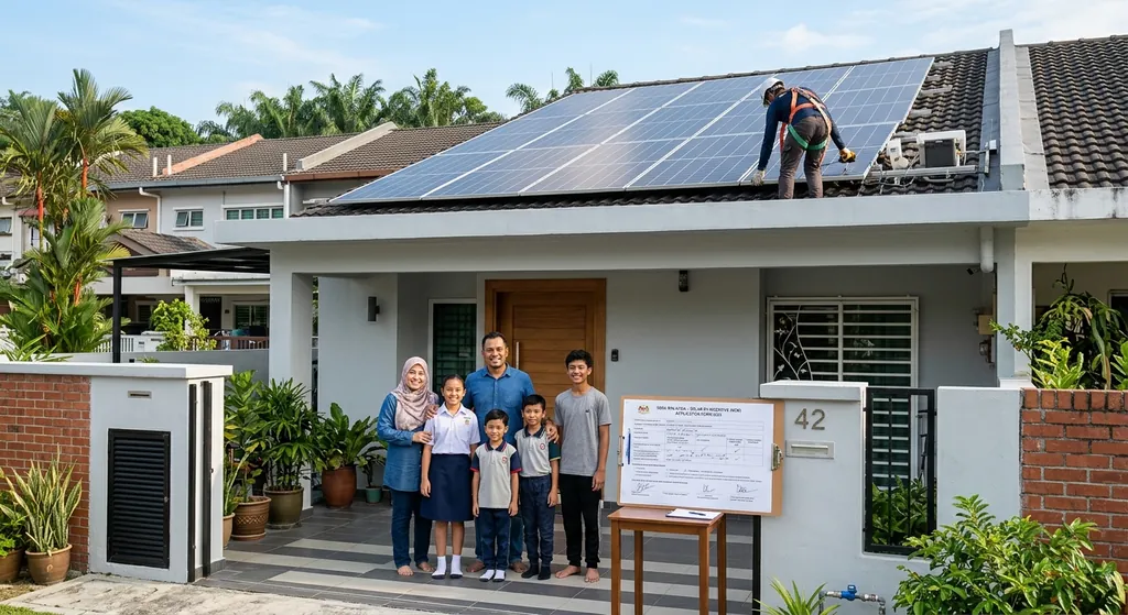 Family outside a house with solar panels on the roof